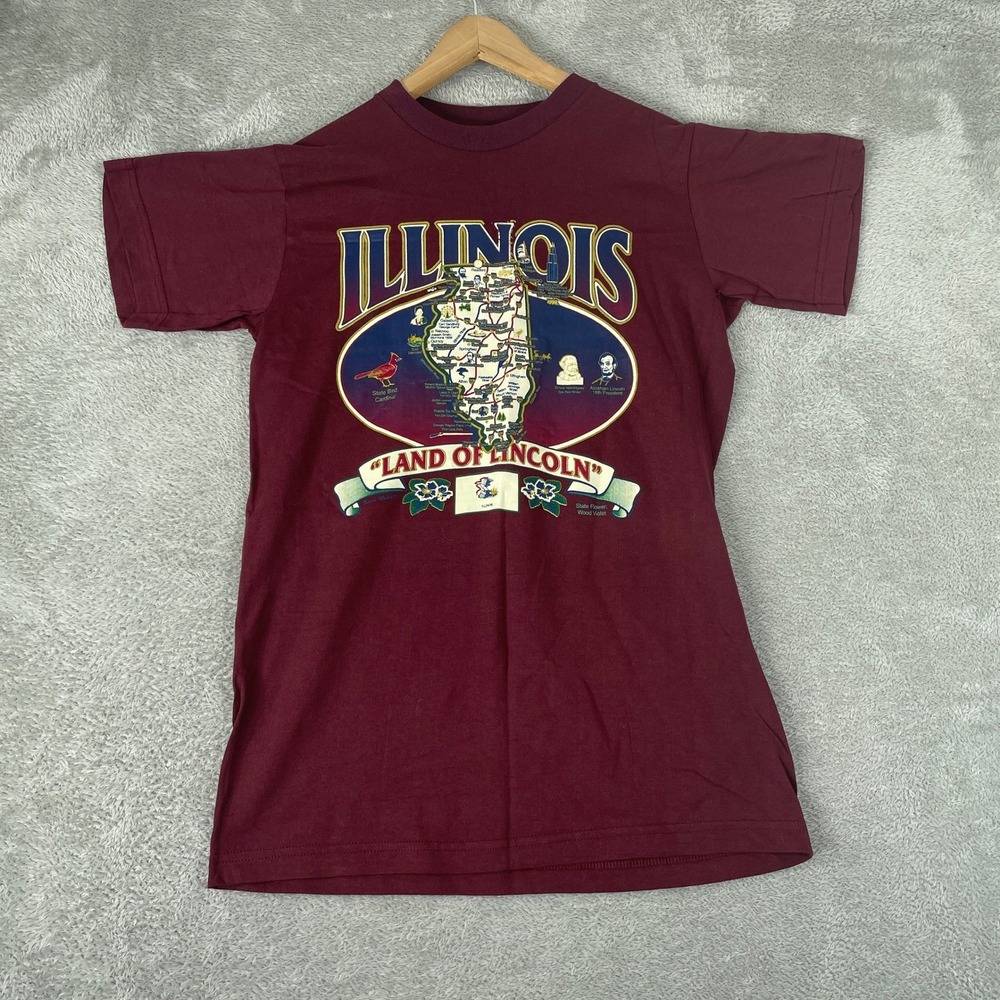 Illinois Land of Lincoln Shirt Mens Medium Maroon Vintage Souvenir Map State